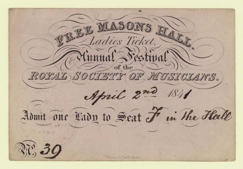 Free Masons Hall, Ladies Ticket, Annual Festival, Royal Society of Musicians, 2 april 1841 av English School