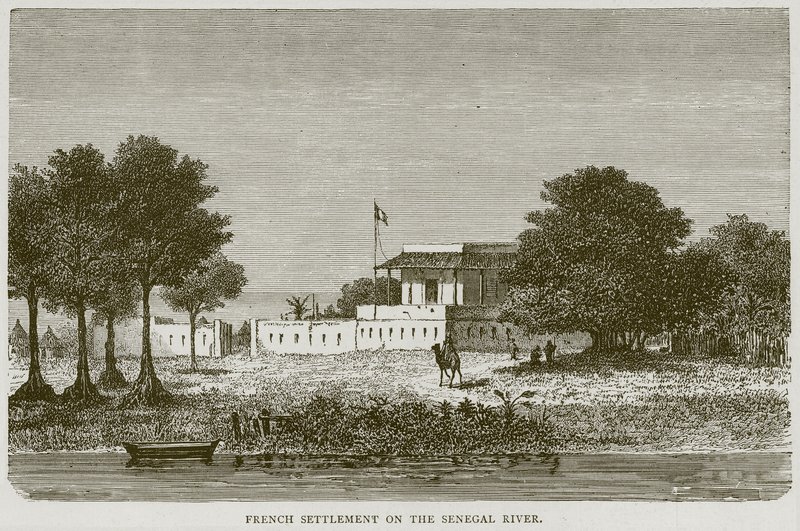 Fransk bosättning vid Senegalfloden, illustration från Illustrerade resor, c.1880 av English School