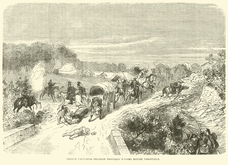 Franska fångar preussiska proviantvagnar före Thionville, september 1870 av English School