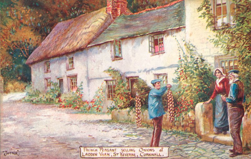 Fransk lökförsäljare, Ladden Vern, St Keverne, Cornwall (färg litho) av English School