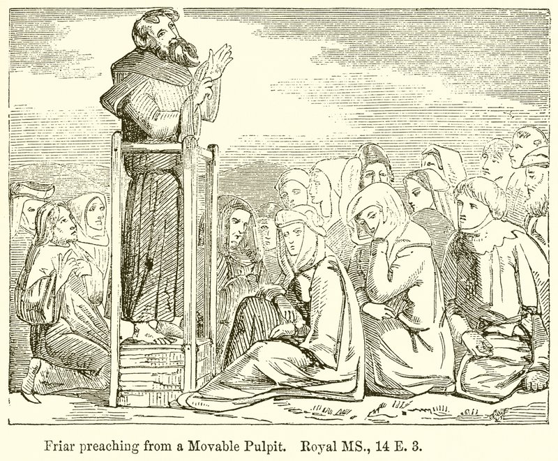 Broder predikar från en rörlig predikstol. Royal MS., 14 E. 3 av English School