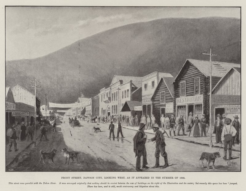 Front Street, Dawson City, med utsikt mot väster, som den såg ut sommaren 1898 (gravyr) av English School