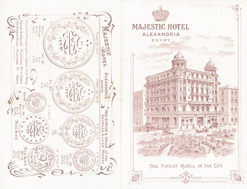 Främre och bakre omslaget till broschyren för Majestic Hotel i Alexandria av English School