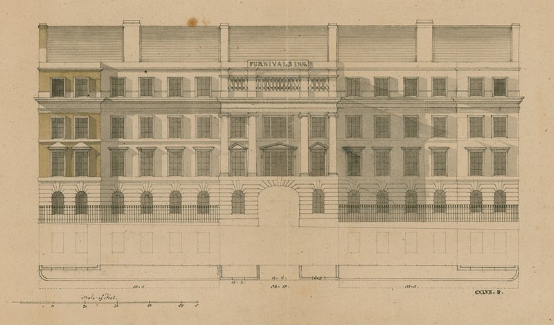 Framifrån av Furnivals Inn, Holborn, London av English School