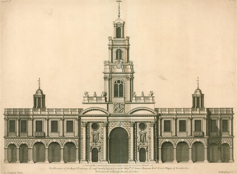 Framifrån av Royal Exchange, London av English School