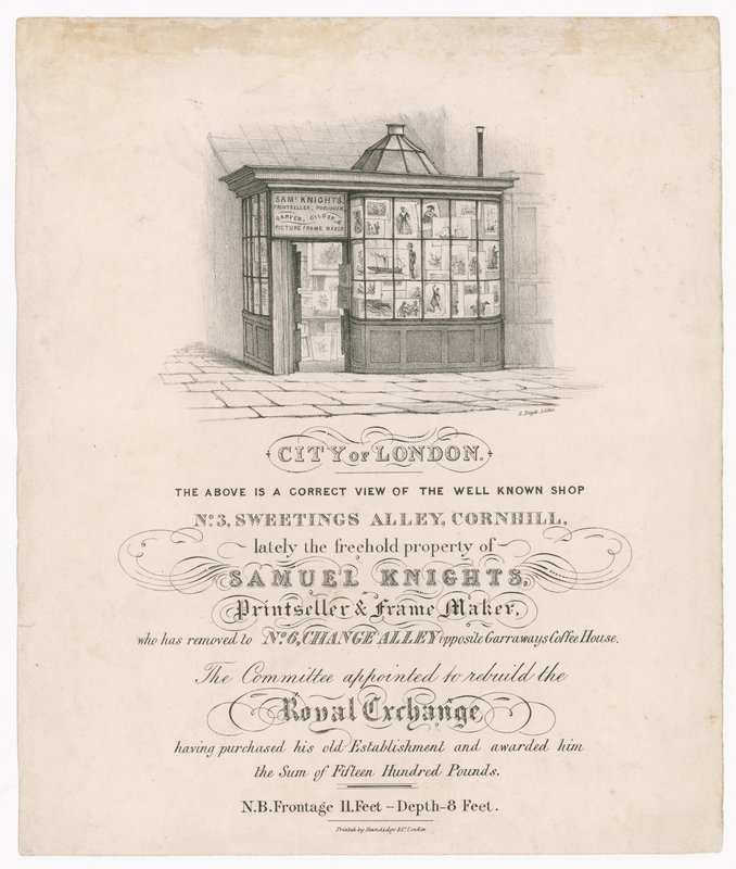 Framsidan av No 3, Sweetings Alley, Cornhill, nyligen tillhörde Samuel Knights, tryckerier och rammakare av English School
