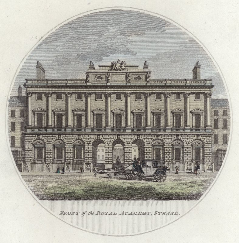 Framsidan av Royal Academy, Strand, London (färgad gravyr) av English School