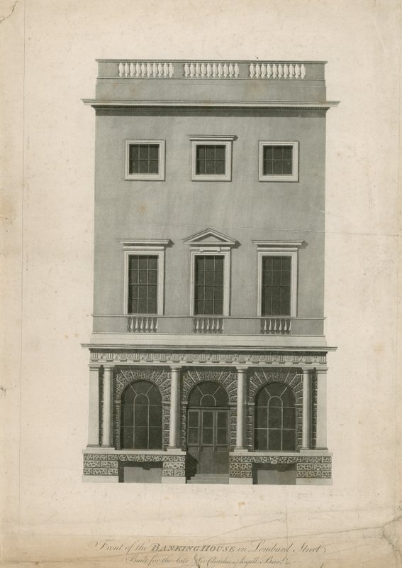 Framsidan av Banking House på Lombard Street, byggt för den sene Sir Charles Asgill, Bart av English School