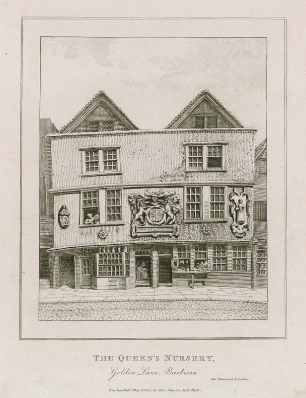 Framsidan av Fortune-teatern, som den såg ut 1800 efter att ha förvandlats till butik av English School