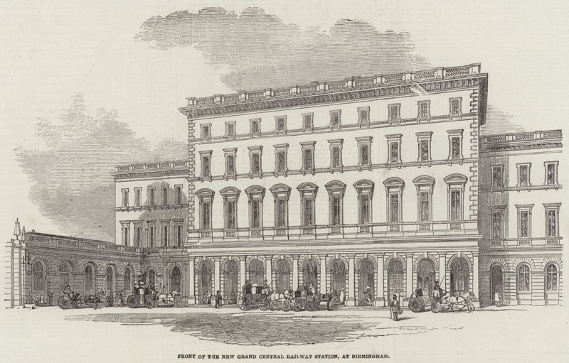 Framsidan av New Grand Central Railway Station, i Birmingham (gravyr) av English School
