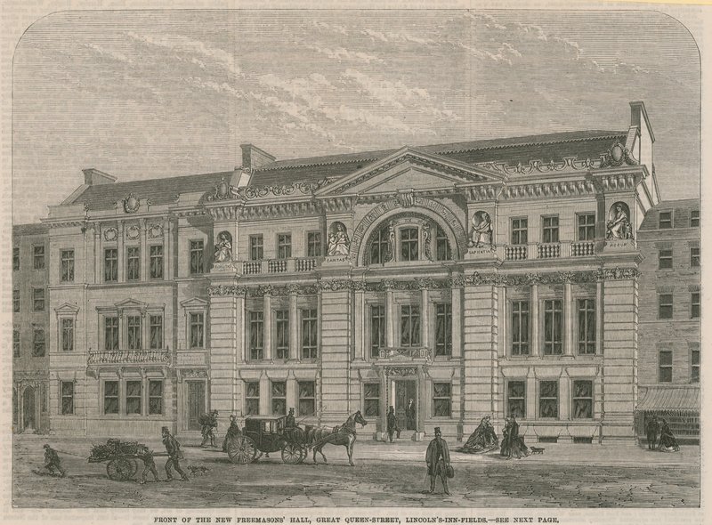 Framsidan av den nya Freemasons Hall, Great Queen Street, Lincolns Inn Field, London av English School