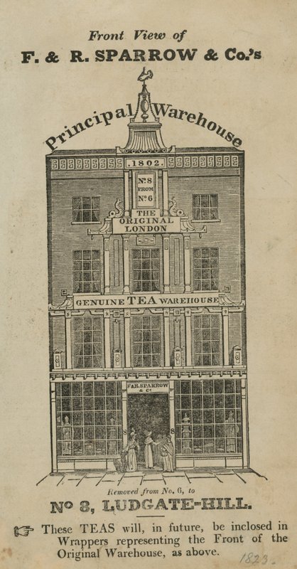Framifrån av Fred & Robert Sparrow & Cos lager i Ludgate Hill av English School