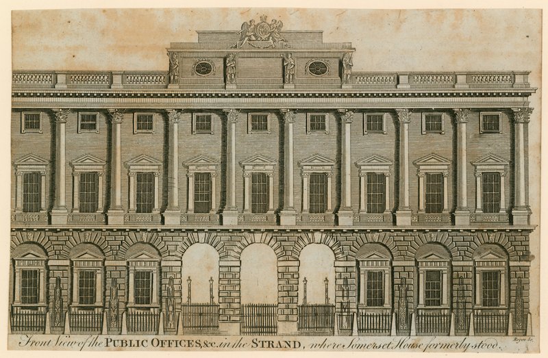 Framifrån av de offentliga kontoret i Stranden där Somerset House tidigare låg av English School