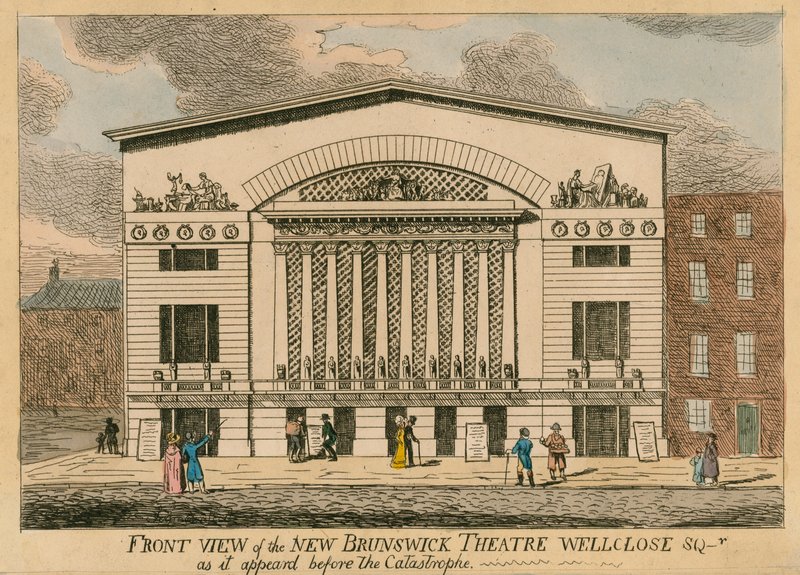 Framifrån av den nya Brunswick Theatre, Wellclose Square, London, som den såg ut före katastrofen av English School