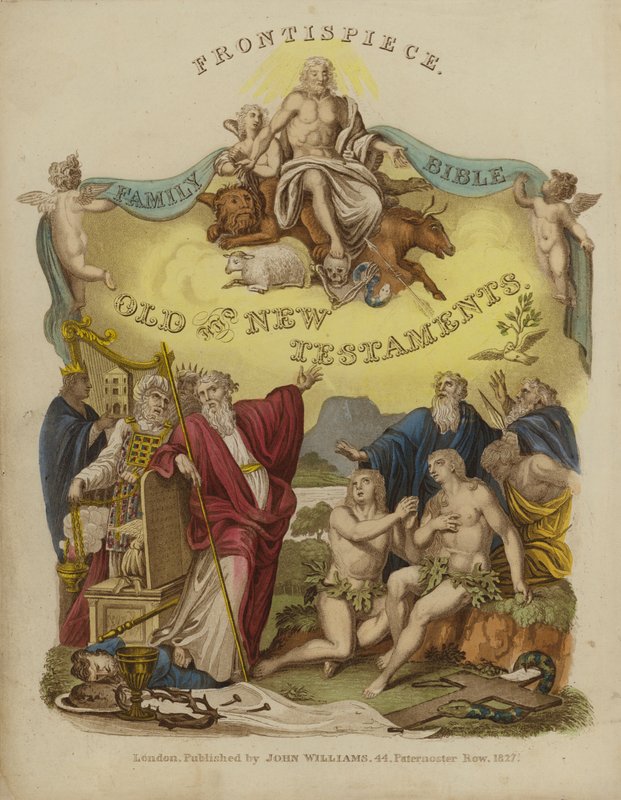 Frontispice från en familjebibel (färg litho) av English School