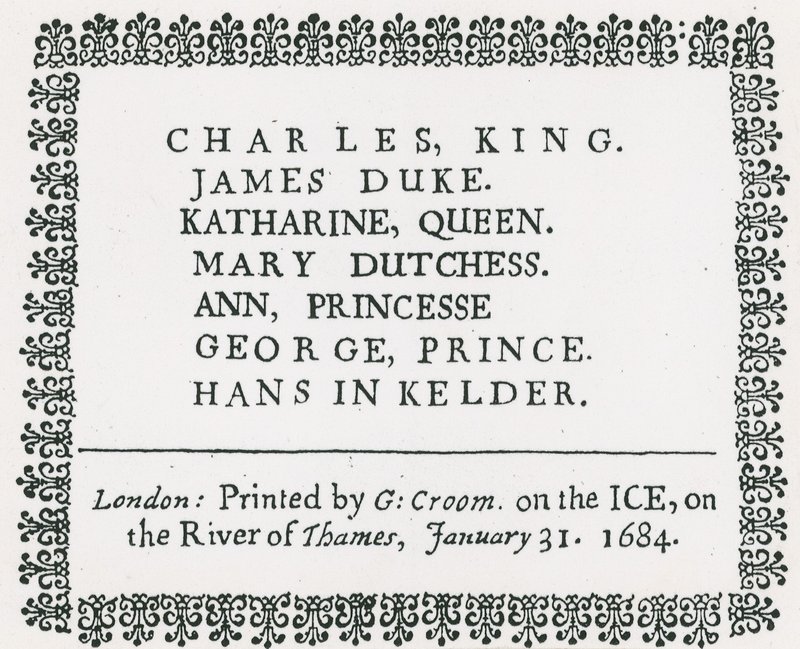 Frostmässa på Themsen, tryckt souvenir för kung Charles II och familj, 1684 av English School