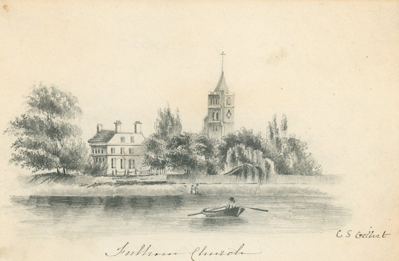 Fulham kyrka; original ritarteckning av C S Gilbert av English School