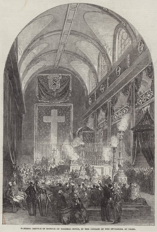 Begravningsgudstjänst till ära för marskalk Soult, i Invalides-kyrkan, i Paris (gravyr) av English School