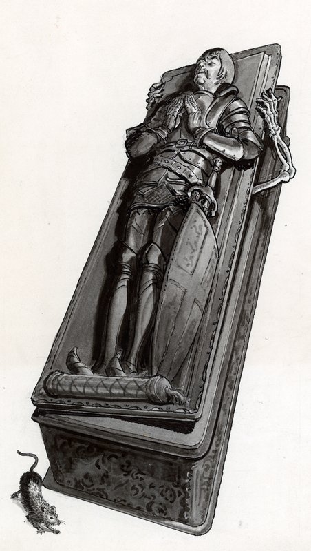 Begravningsmonument med skelett som kommer ut av English School