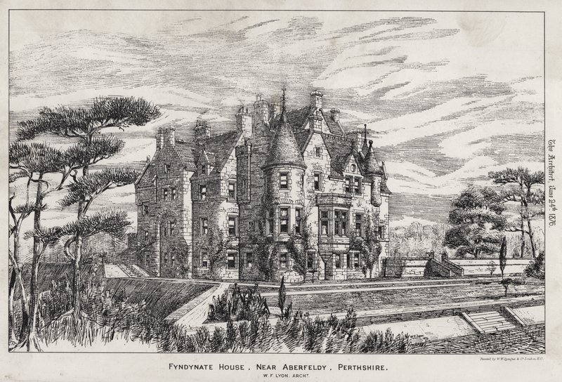 Fyndynate House, nära Aberfeldy, Perthshire (gravyr) av English School