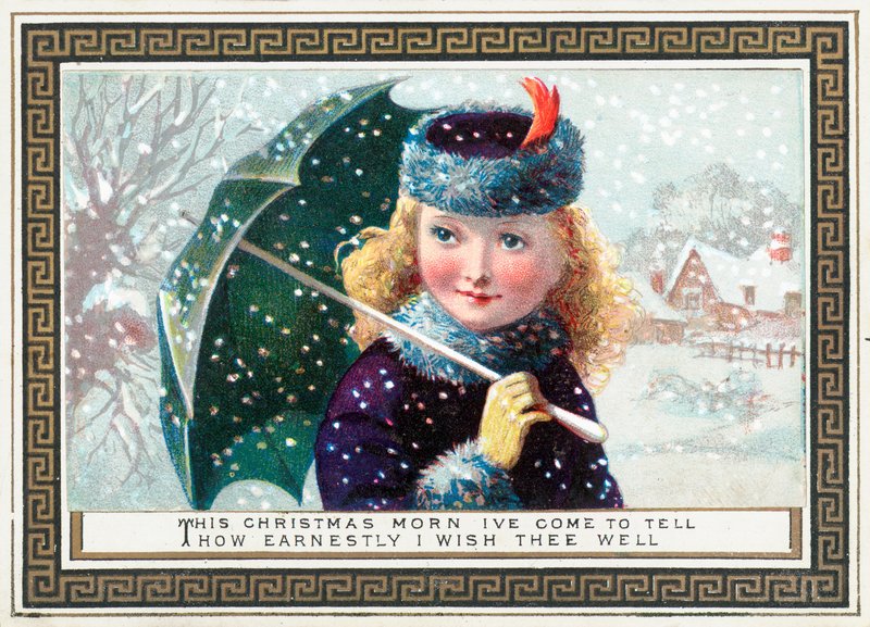 Flicka som håller paraplyet i snön, julkort av English School