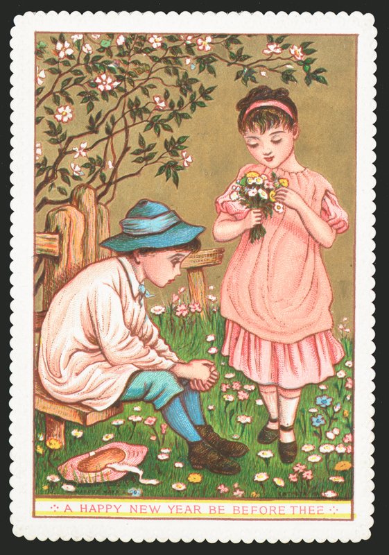 Flicka med blommor som pratar med pojken som sitter ner, nyårskort av English School