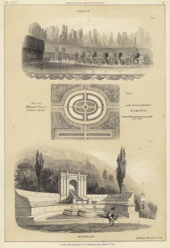 Trädgårdar: Isola Bella i Boboli Gardens, Florens och Monreale, Italien (litho) av English School