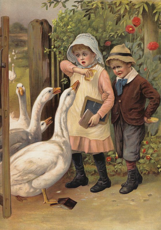 Gäss som jagar barn efter maten (chromolitho) av English School