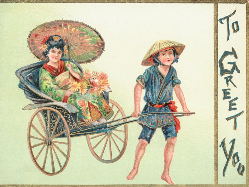 Geisha flicka dras i vagn, julkort av English School