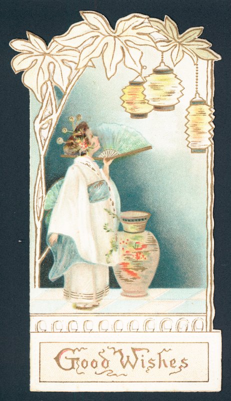 Geisha Girl tittar på lyktor, julkort (chromolitho) av English School