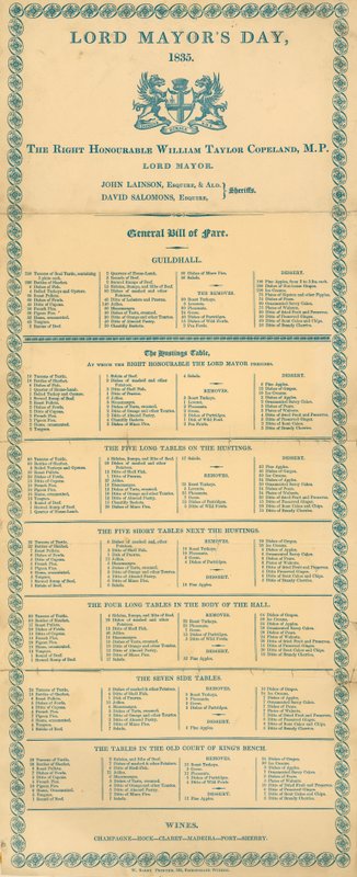 General Bill of Fare för Lord Mayors Day, Guildhall, London, 9 november 1835 av English School