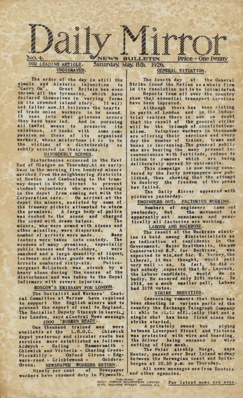 Generalstrejk rapporterad i Daily Mirror (gravyr) av English School