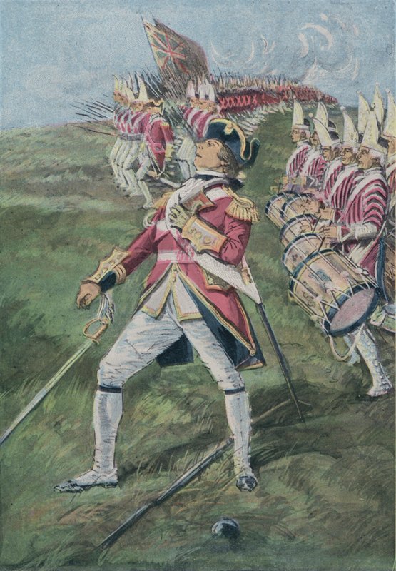General Wolfe skadades i slaget vid Quebec, Kanada, 1759 av English School