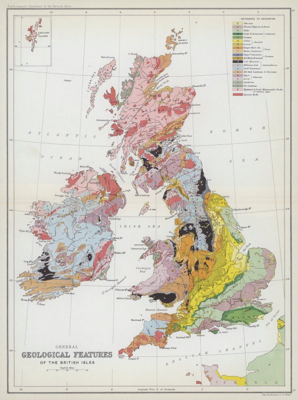 Allmänna geologiska kännetecken för de brittiska öarna (färglitografi) av English School