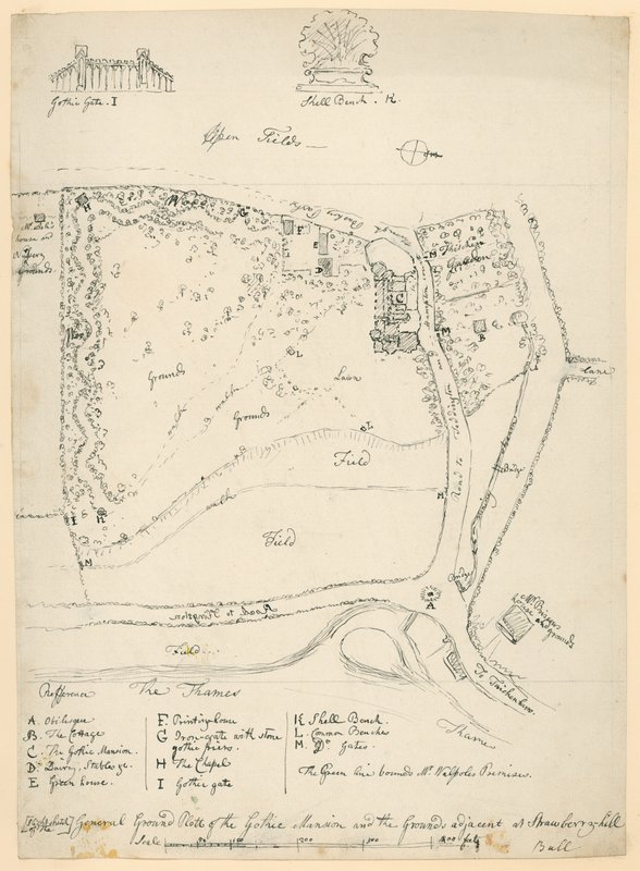 Allmän grundplan för den gotiska herrgården och marken intill Strawberry Hill, Twickenham, London av English School