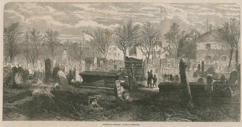 Översikt över Bunhill Fields gravfält av English School