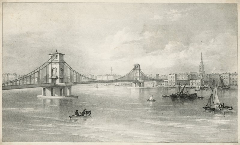 Översikt över Hungerford och Lambeth Suspension Foot Bridge av English School