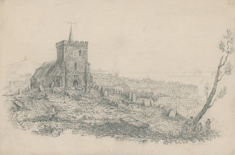 Allmän bild av en kyrka och kyrkogård i Brighton av English School
