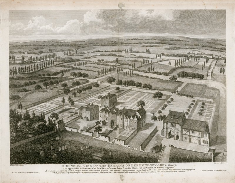 Allmän bild av resterna av Bermondsey Abbey, som den såg ut 1805 av English School