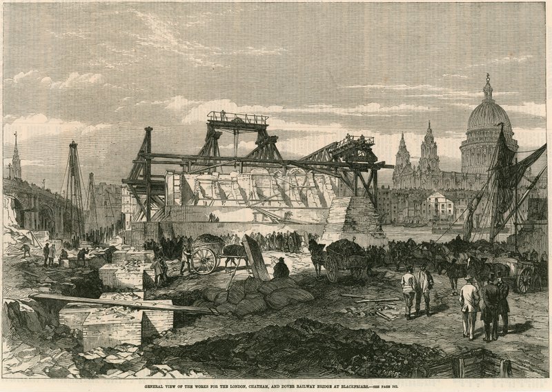 Allmän bild av arbetena för London, Chatham och Dover Railway Bridge i Blackfriars, London av English School