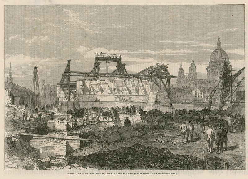 Allmän bild av arbetena för London, Chatham och Dover järnvägsbron vid Blackfriars av English School