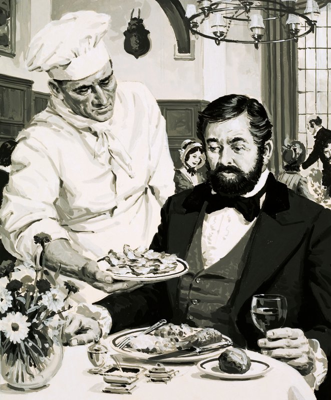 George Crum, uppfinnaren av potatischipsen, presenterar sin skapelse av English School