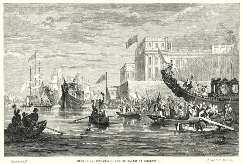 George IV på väg till Skottland i Greenwich (gravyr) av English School
