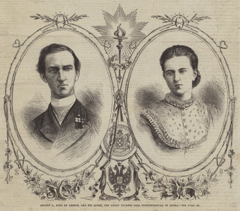 George I, kung av Grekland, och hans drottning, storhertiginnan Olga Constantinovna av Ryssland (gravyr) av English School
