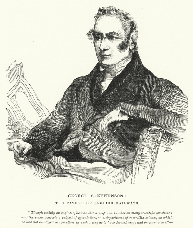 George Stephenson, de engelska järnvägarnas fader (gravyr) av English School