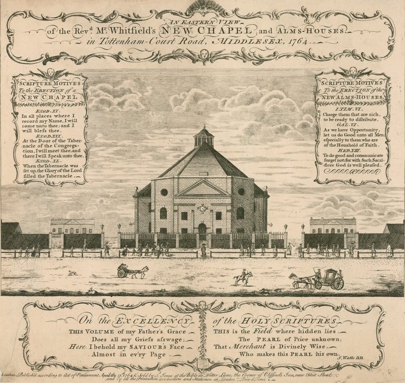George Whitfields nya kapell och Alms-hus i Tottenham Court Road, London, 1764 av English School
