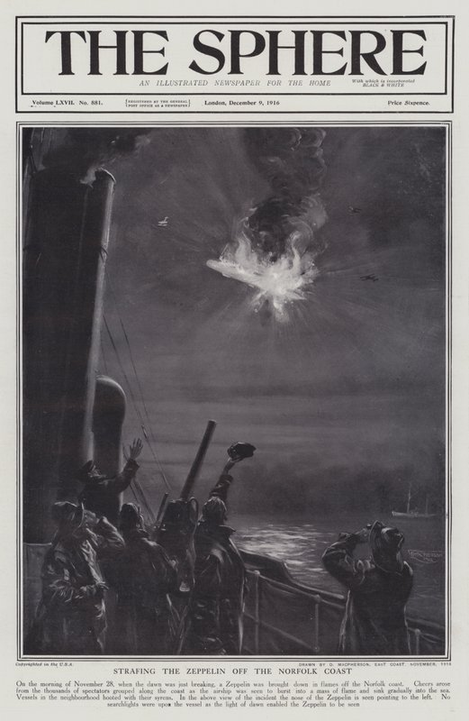 Tyska Zeppelin luftskepp sköts ner i lågor utanför Norfolks kust, första världskriget, 28 november 1916 (litho) av English School