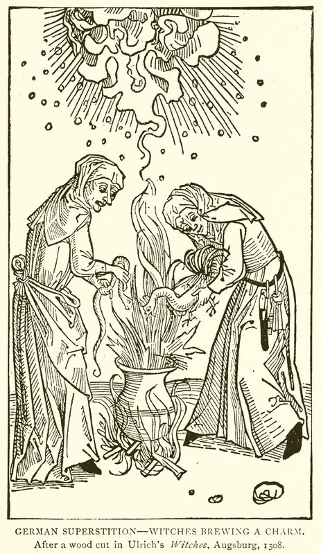 Tysk vidskepelse - Häxor som brygger en charm. Efter ett trähugg i Ulrichs Witches, Augsburg, 1508 av English School