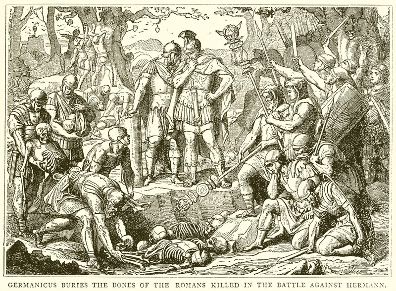 Germanicus begraver benen av den dödade romaren i slaget mot Hermann av English School