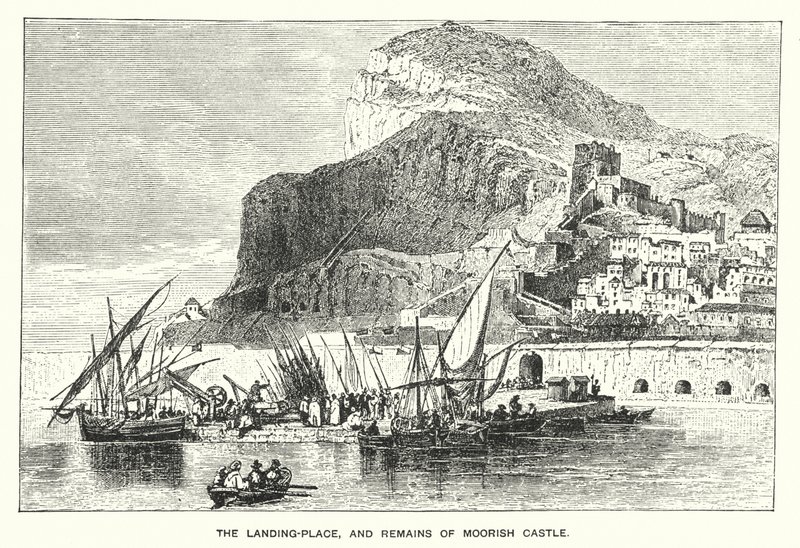 Gibraltar: Landningsplatsen och resterna av det moriska slottet (gravyr) av English School